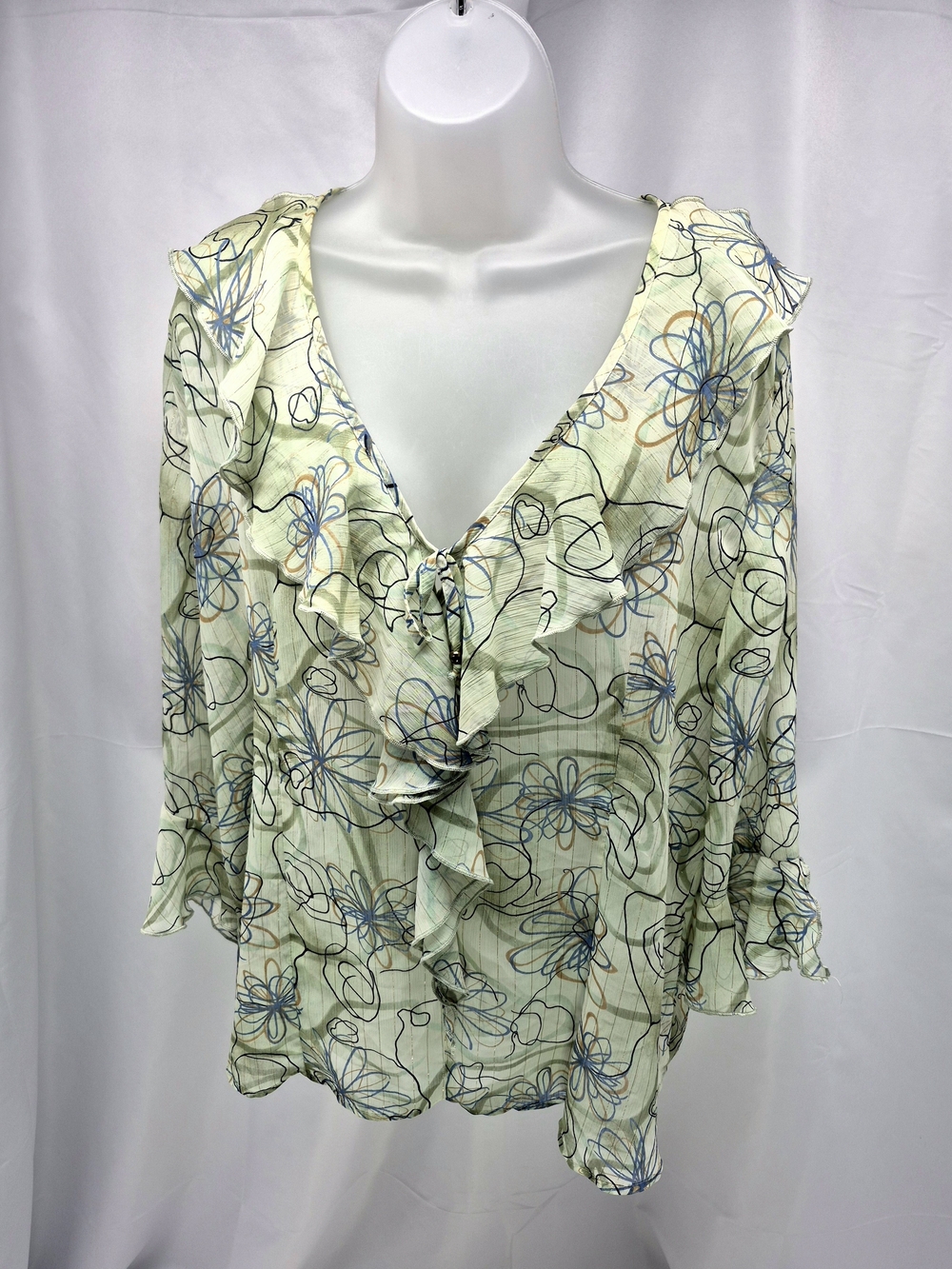 Dressbarn Green Floral Sheer Ruffle Tie Front Blouse Top 18/20 Plus Size Y2k